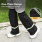Black rain leg gaiters with neon green reflective stripe, covering shoes and lower legs