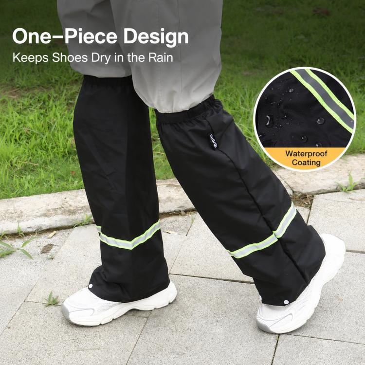 Black rain leg gaiters with neon green reflective stripe, covering shoes and lower legs