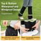 Black waterproof leg covers with neon green reflective stripe, two snap button closures