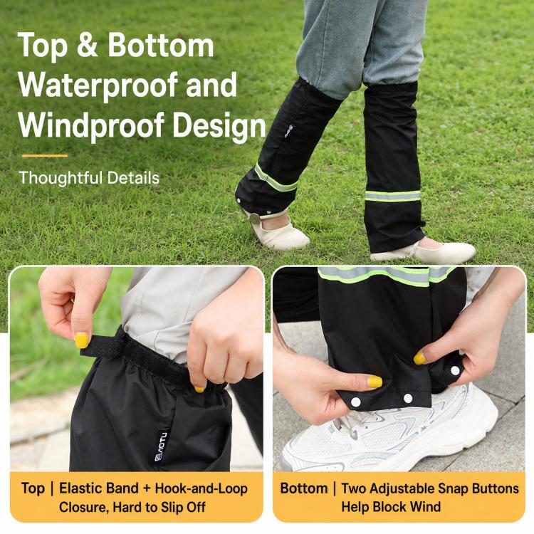 Black waterproof leg covers with neon green reflective stripe, two snap button closures
