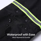 Black fabric leg gaiters with neon green reflective stripe and water droplets, waterproof look