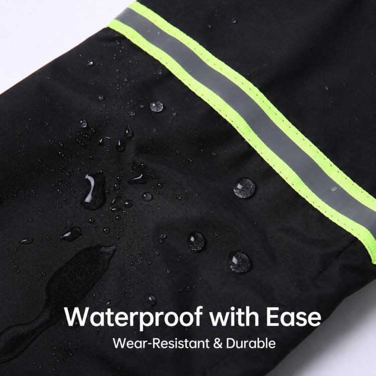 Black fabric leg gaiters with neon green reflective stripe and water droplets, waterproof look