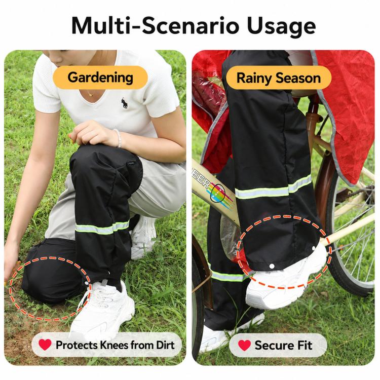 Black rain leg gaiters with neon green reflective stripe, secure fit snap button front