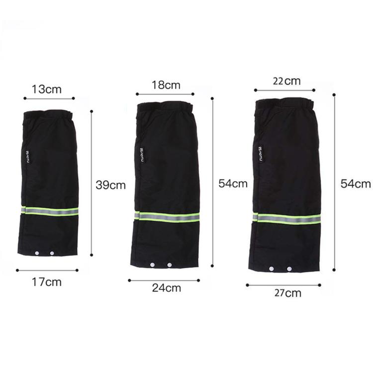 Size chart for black waterproof leg gaiters with neon green reflective stripe, pair