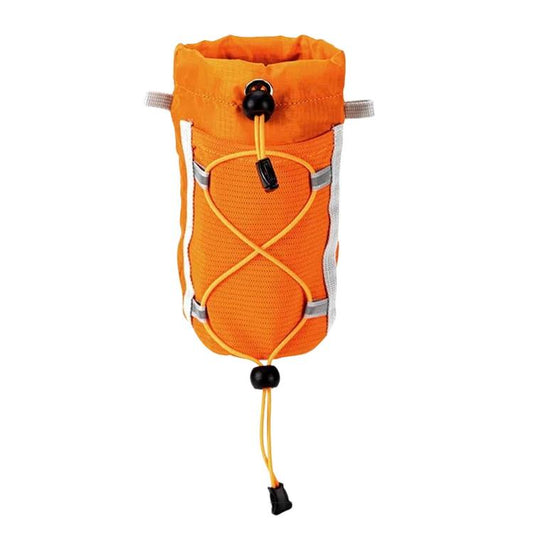 Orange mesh water bottle holder pouch with front pocket and drawstring closure