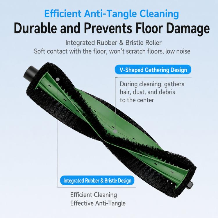 Robot vacuum main brush roller with green core and black bristle-and-rubber edge