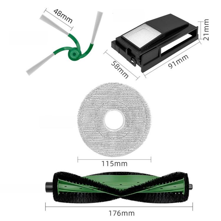 Robot vacuum replacement parts set: green side brush, main brush, and gray mop pad