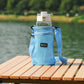 Light blue mesh water bottle holder bag with adjustable shoulder strap and front pocket