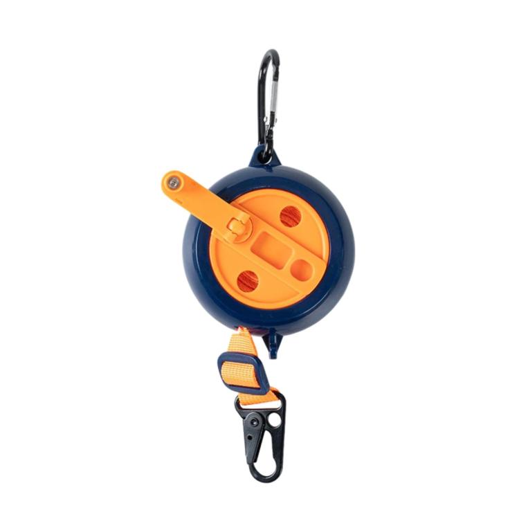 Retractable clothesline reel with blue and orange housing, webbing strap, and carabiner hook