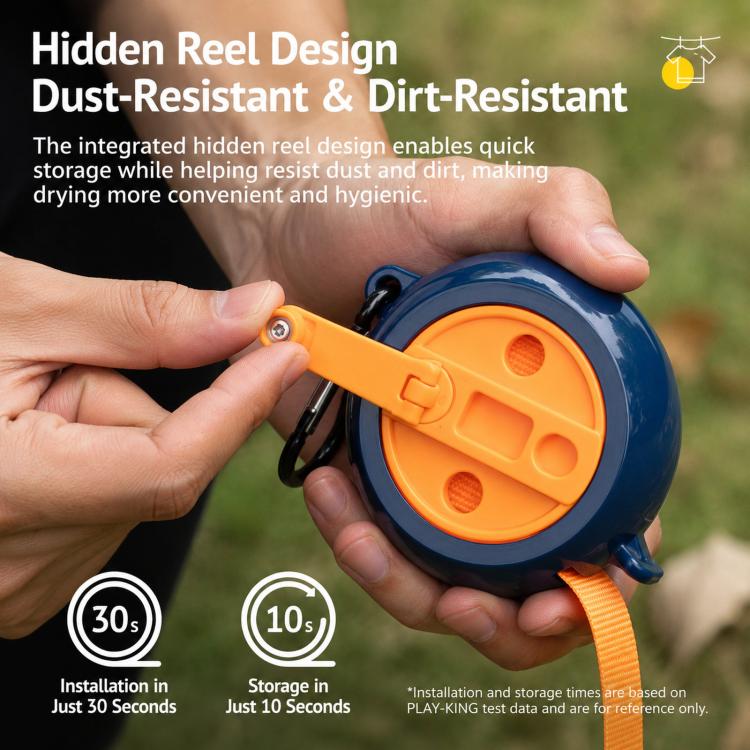 Retractable clothesline reel held in hands with orange strap and blue housing