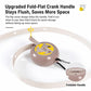 Retractable clothesline reel showing fold-flat crank handle and beige webbing strap