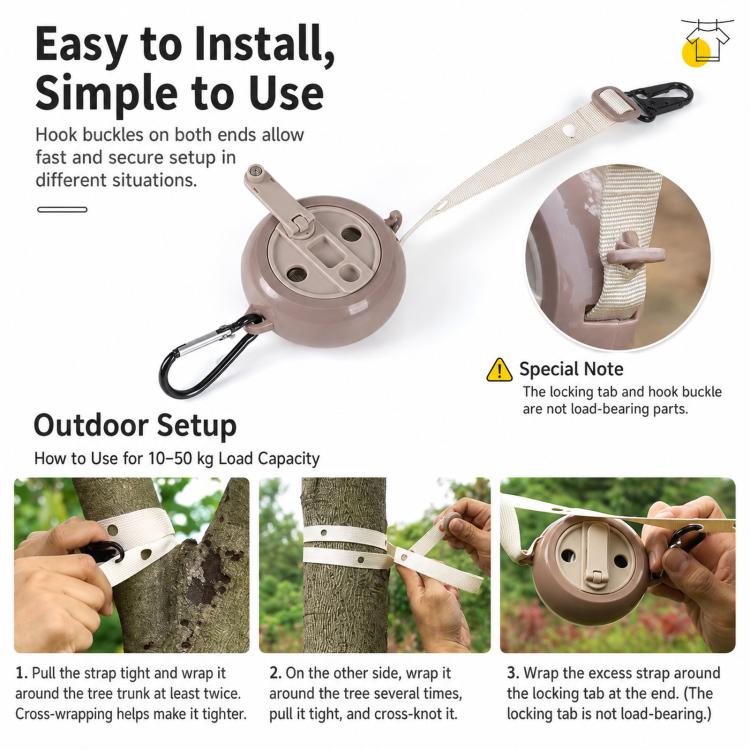 Retractable clothesline reel with beige housing, webbing strap, and carabiner outdoor hook