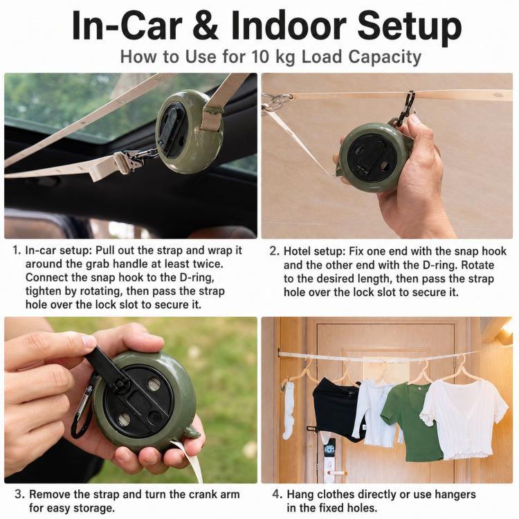 Retractable clothesline used in-car and indoors with reel, strap, and hanging clothes