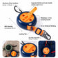 Retractable clothesline reel with orange webbing strap, carabiner, and snap hook hardware