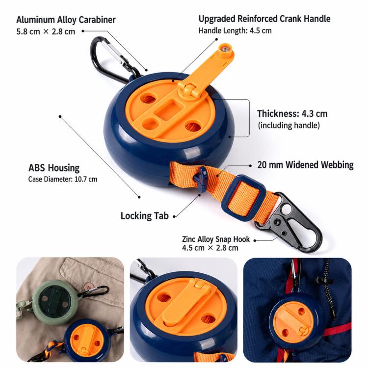 Retractable clothesline reel with orange webbing strap, carabiner, and snap hook hardware
