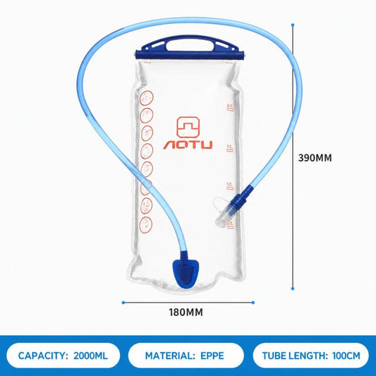 2L hydration bladder with blue tube, blue cap, and side measurement markings