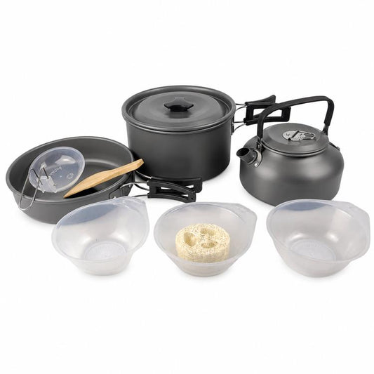 Camping cookware set with gray pots, black accents, and translucent plastic serving bowls