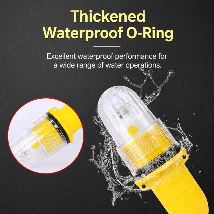 Yellow LED marine marker light with clear top and water splash on the body
