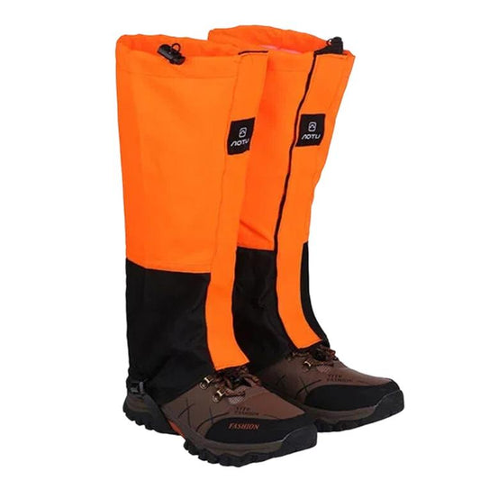 Orange and black waterproof hiking leg gaiters with drawcord and adjustable strap
