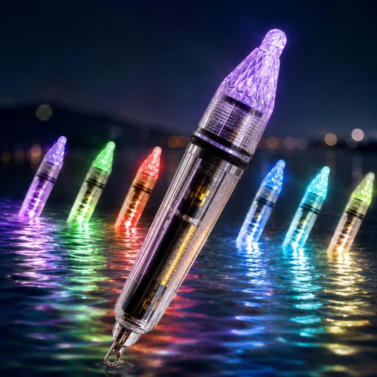 Multi-color LED fishing light lure with clear barrel and glowing cone tip