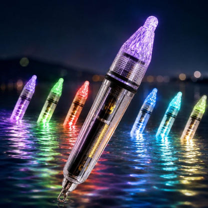 Multi-color LED fishing light lure with clear barrel and glowing cone tip
