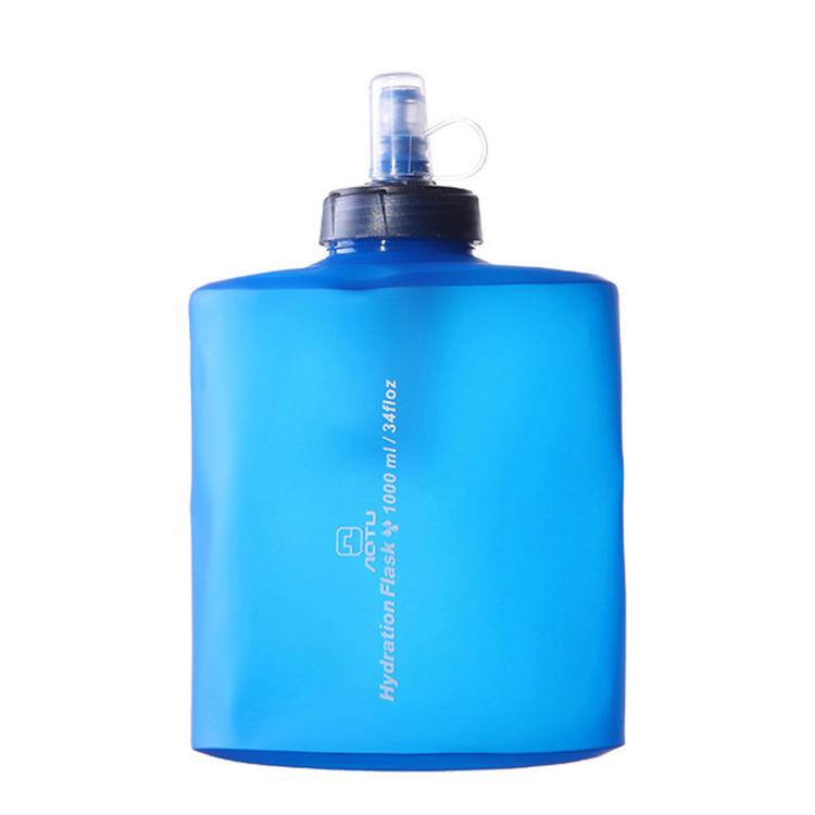 Collapsible blue TPU water bottle with screw cap and loop, 1000 mL marked.