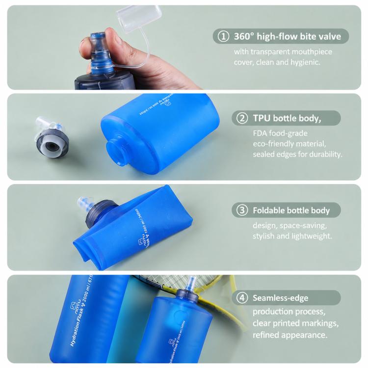 Blue collapsible TPU water bottle with clear bite-valve mouthpiece and rolled body.