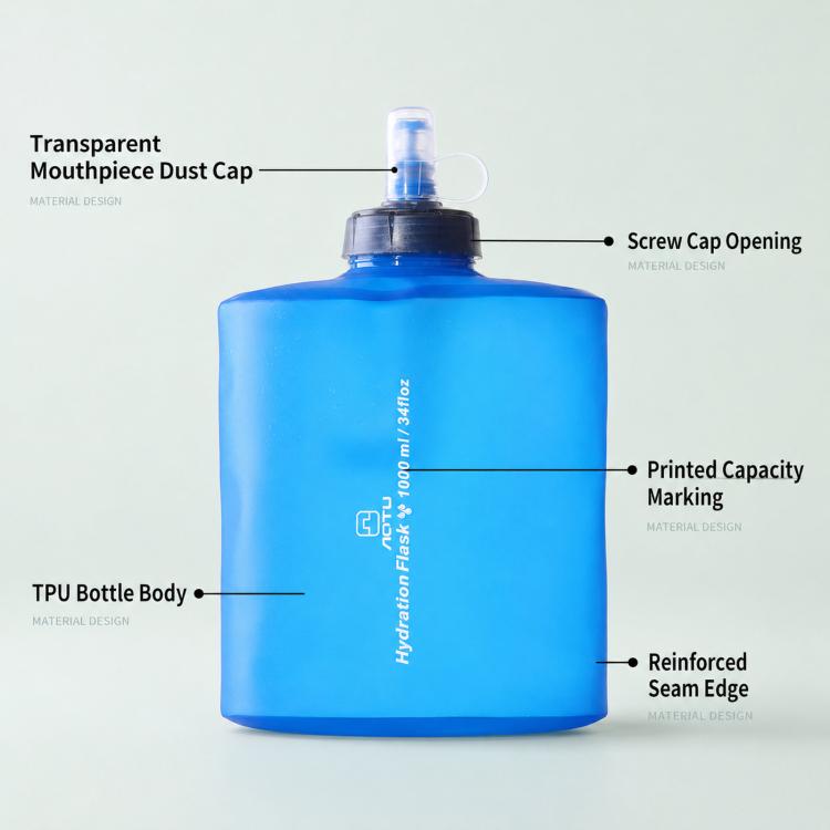 Blue TPU water bottle with transparent mouthpiece dust cap and reinforced seam edge.