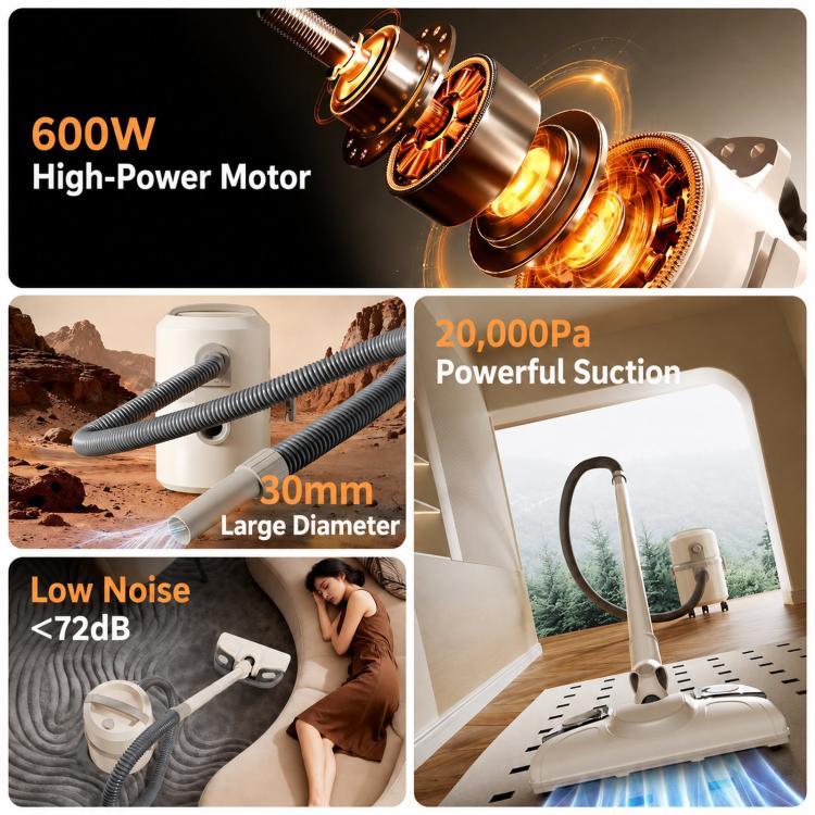 White canister vacuum cleaner with clear suction hose and dust collection unit