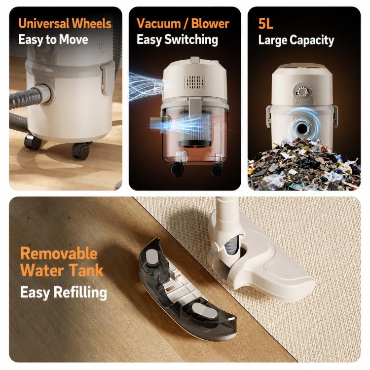 Canister vacuum with removable water tank, large wheels, and vacuum/blower switch