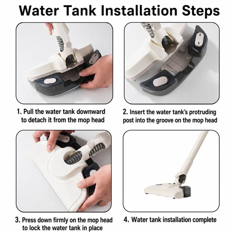 Canister vacuum mop with water tank installation shown on mop head, beige