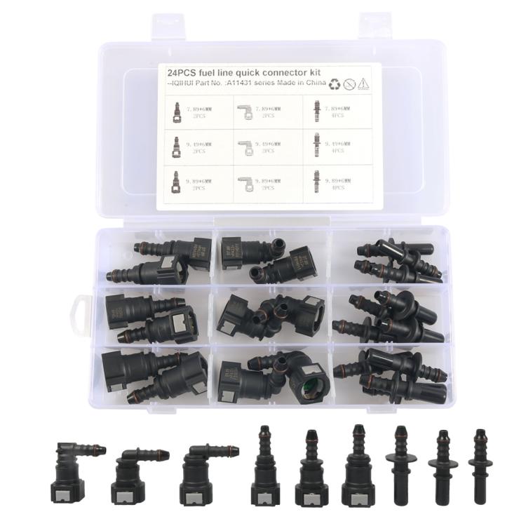 24-piece fuel line quick-connect fitting kit with assorted black connectors in plastic case