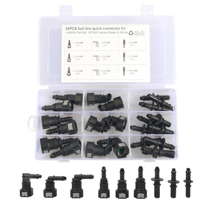24-piece fuel line quick-connect fitting kit with assorted black connectors in plastic case