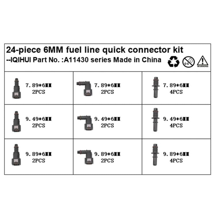 24-piece 6mm fuel line quick connector kit parts chart showing connector quantities