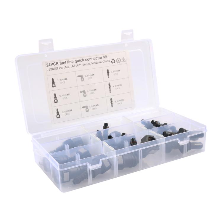 24-piece fuel line quick-connect fitting kit with black connectors in open organizer tray