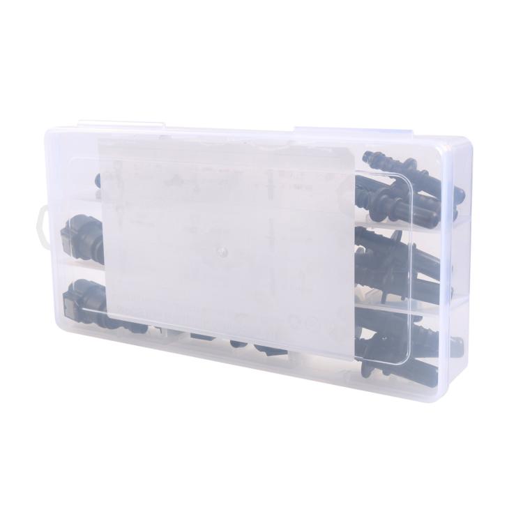 Plastic case of 24-piece fuel line quick-connect connectors with black fittings inside