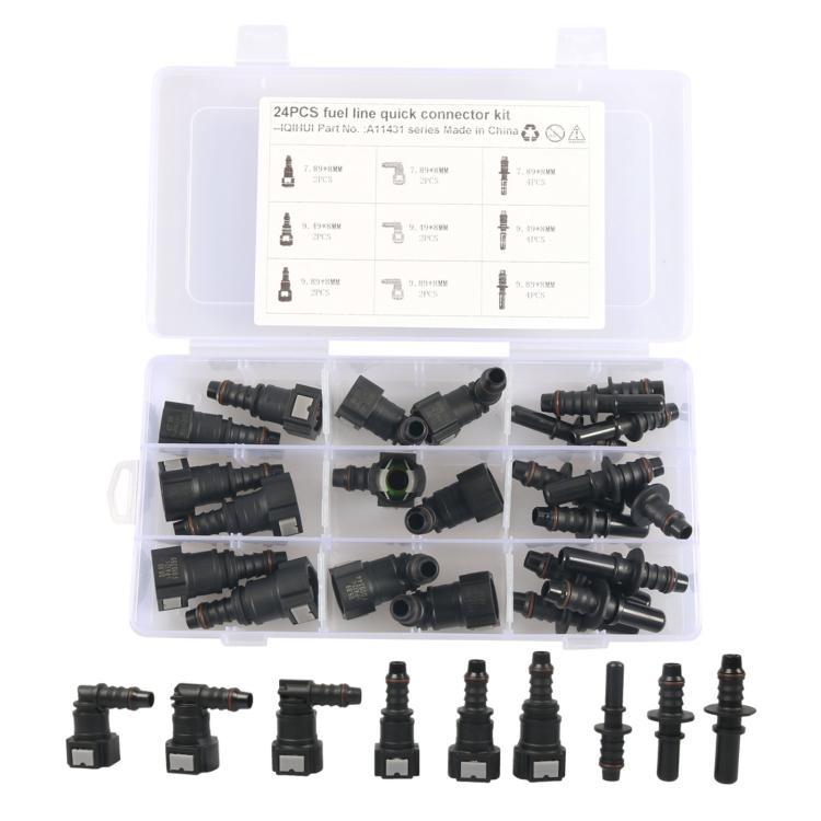 24-piece fuel line quick-connect fitting kit with assorted black connectors and organizer case