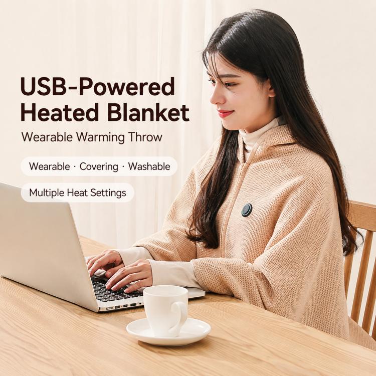Beige heated shawl wrap blanket with zipper front and round button detail