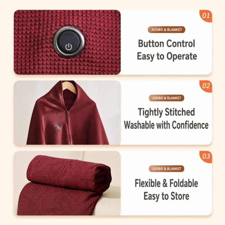 Burgundy heated shawl fabric with round button control module