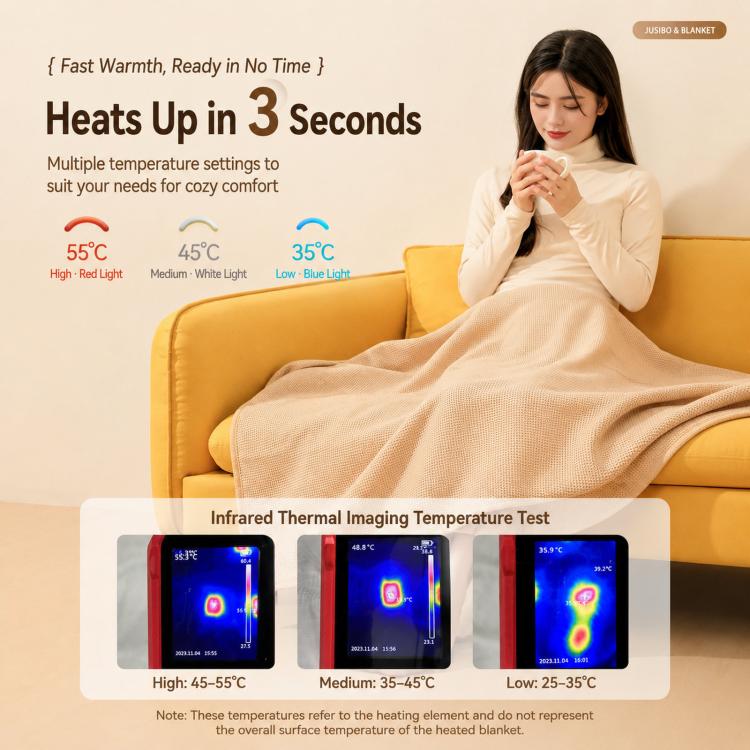 Beige heated throw blanket draped over a seated person
