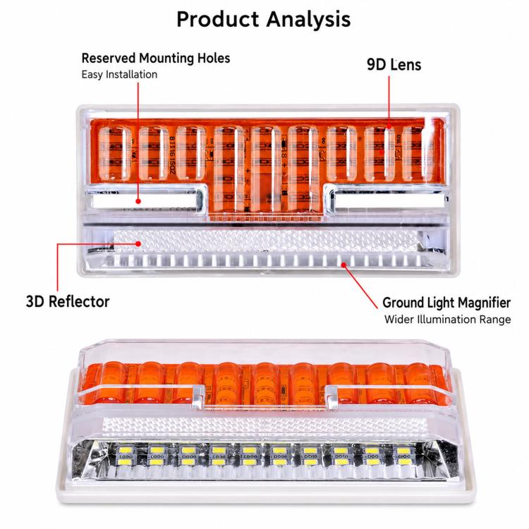 Amber LED truck side marker light with clear housing, internal LED reflector layout