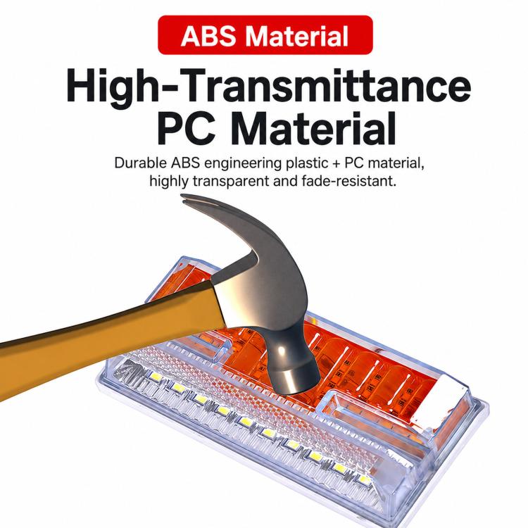 Orange LED truck side marker light with clear housing, angled view of lens and LEDs