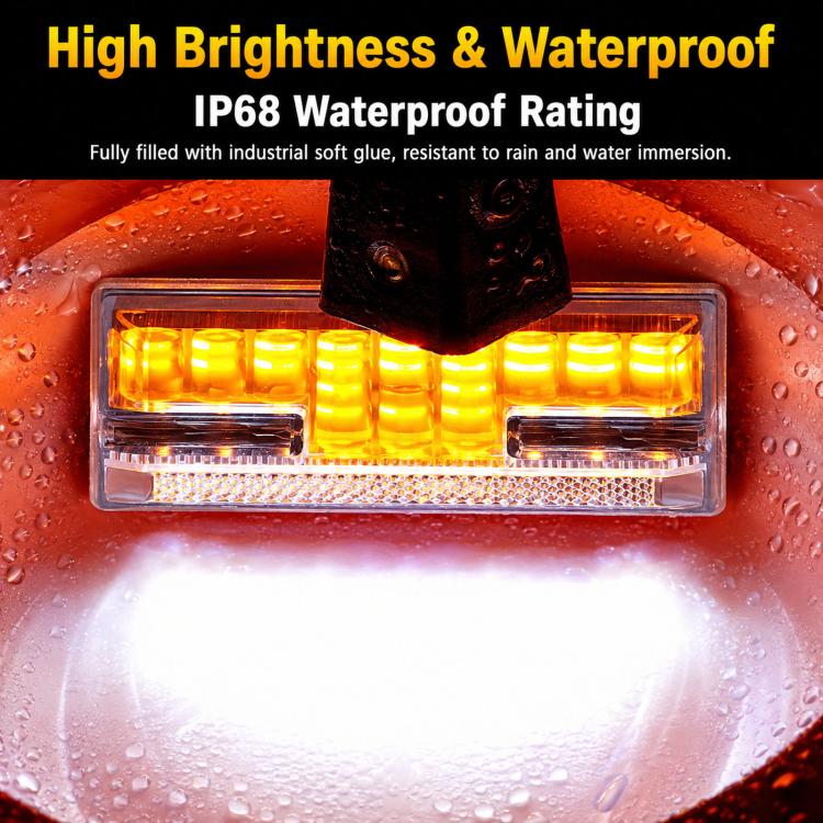 Amber LED truck side marker light with clear housing, raindrop-style waterproof display