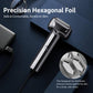 Silver-gray electric foil shaver with hexagonal foil shaving head