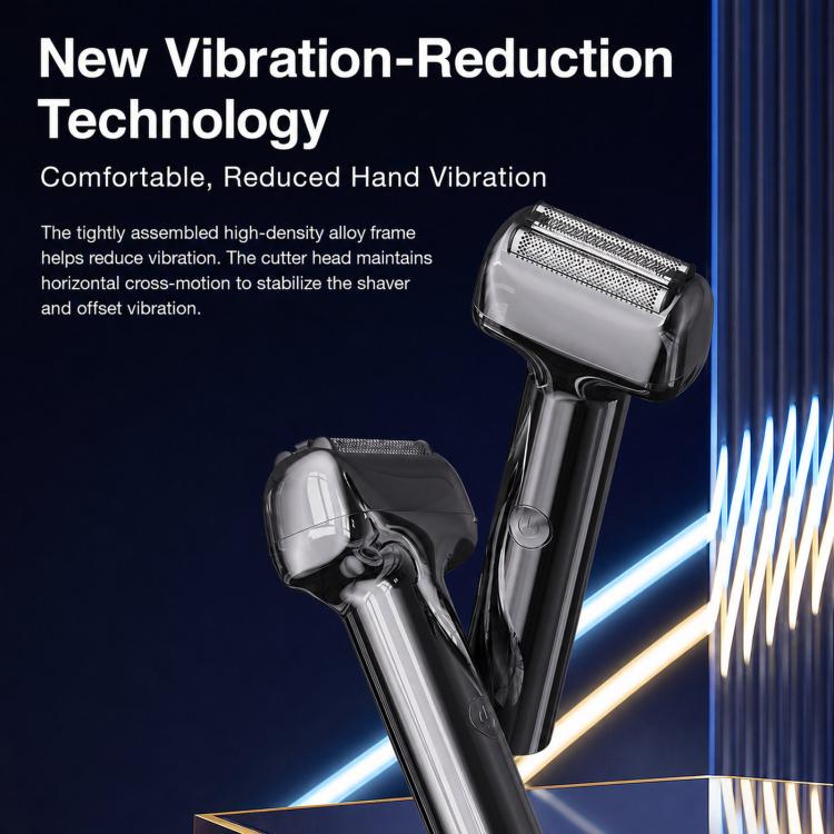Silver-gray electric foil shaver with rounded foil cassette and sleek handle