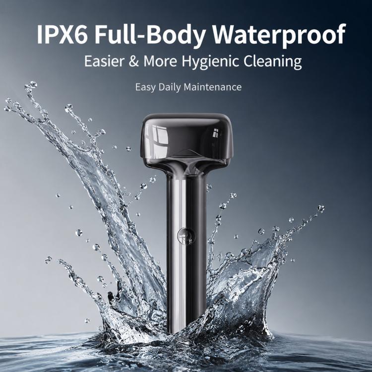 Waterproof silver-gray electric foil shaver with water droplets around