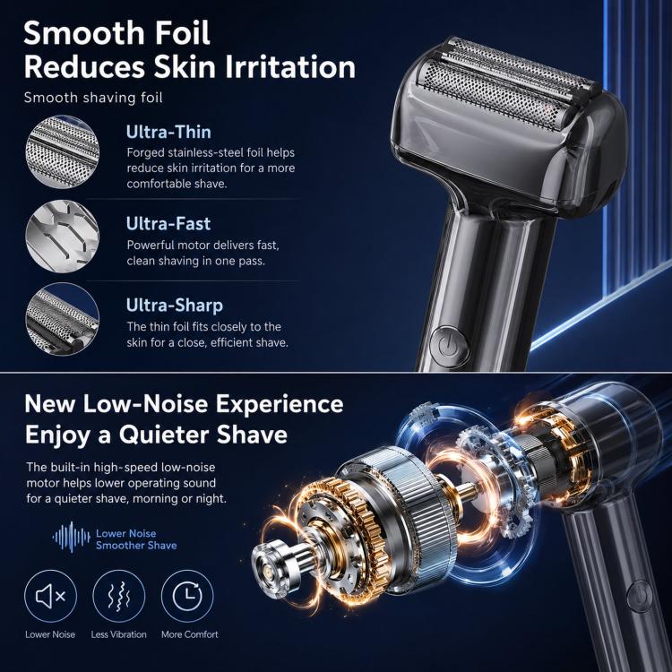 Silver-gray electric foil shaver with smooth foil cassette and charging handle