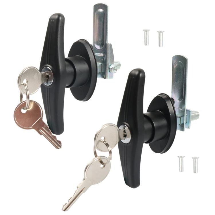 Black zinc alloy T-handle body lock with keys and mounting hardware, right-opening