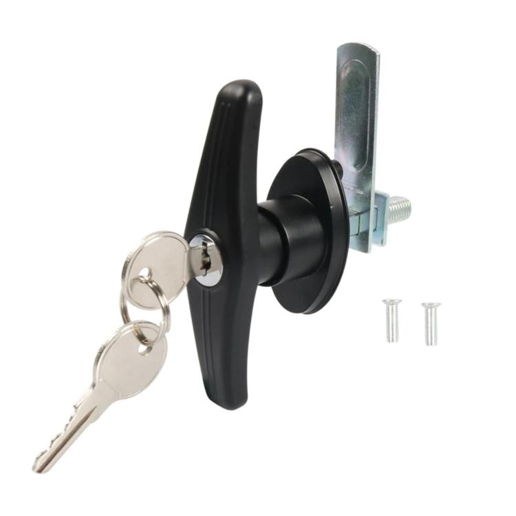 Black zinc alloy T-handle body lock with keys and silver bracket, compact view