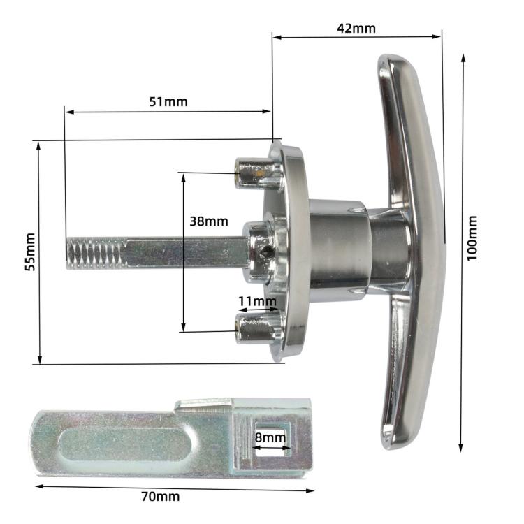 Zinc alloy T-handle body lock size diagram with mounting hardware dimensions